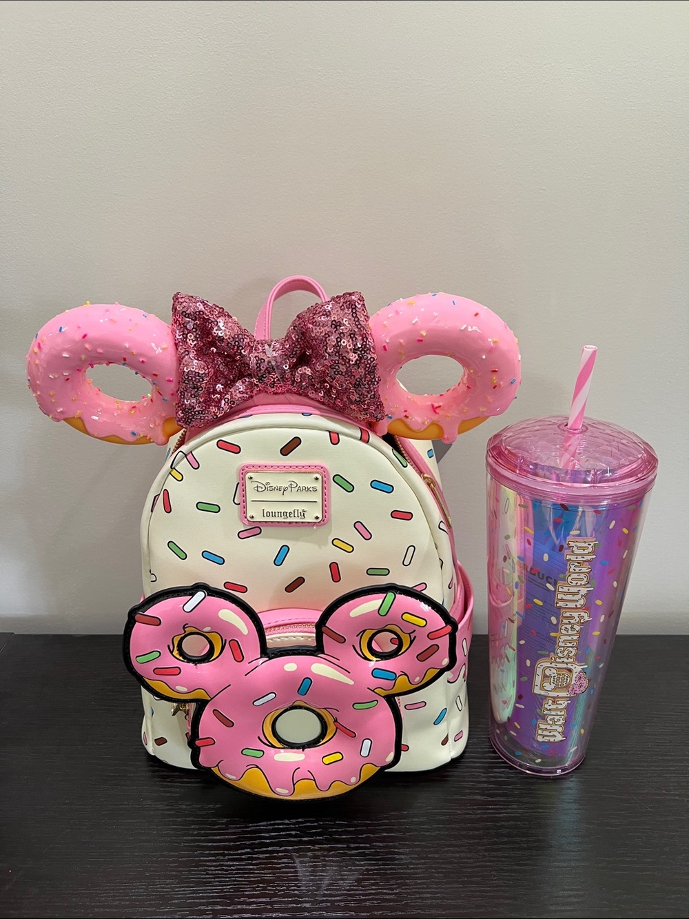Disney Loungefly Pink & Cream Sprinkles Mini Backpack, headband and Starbucks